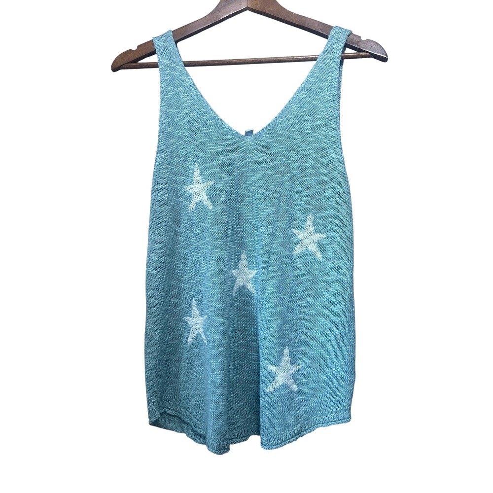 Wishlist Knit Tank Top Women's Sleeveless V-Neck Star Pattern Blue Casual